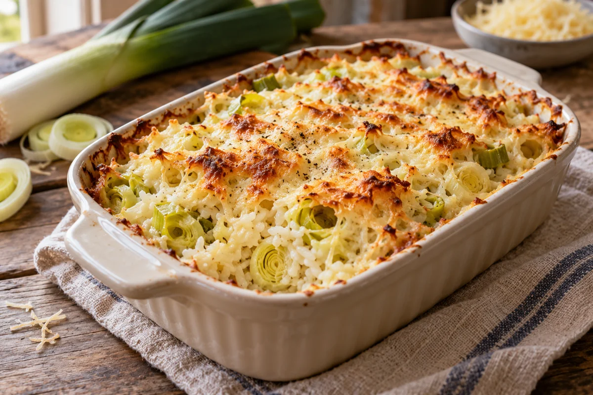 Gratin de riz aux poireaux et à l’emmental