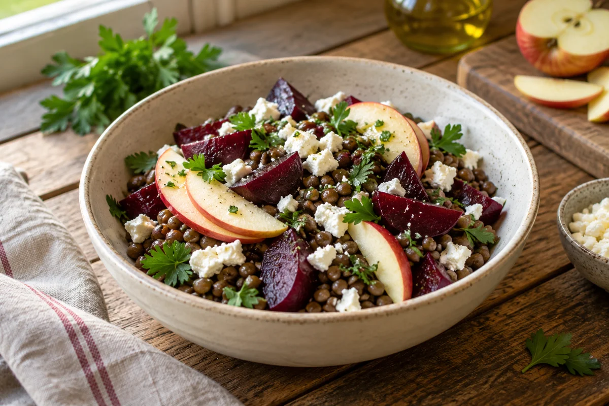 Bowl de lentilles, betterave, pomme et feta
