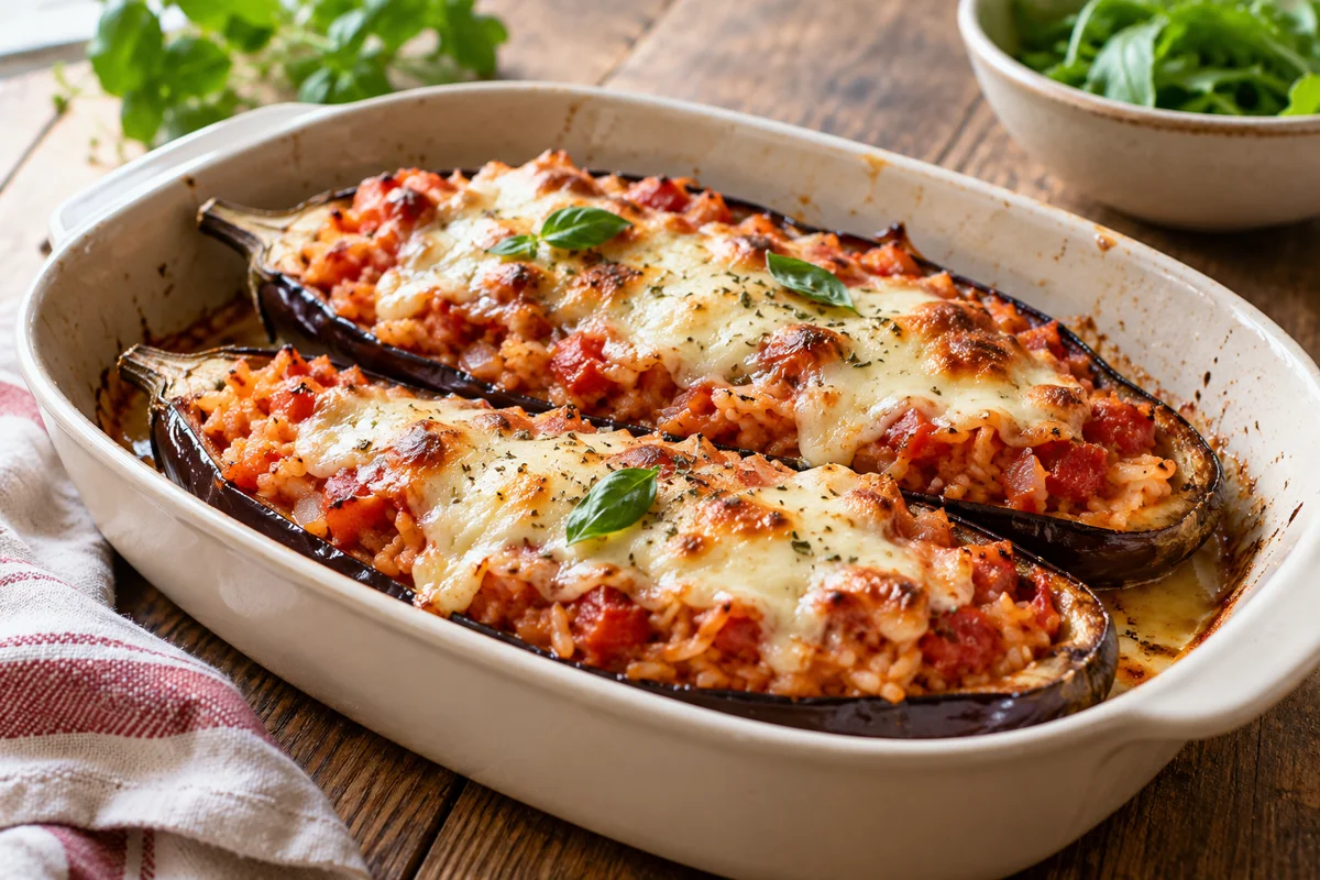 Aubergines farcies au riz et à la mozzarella