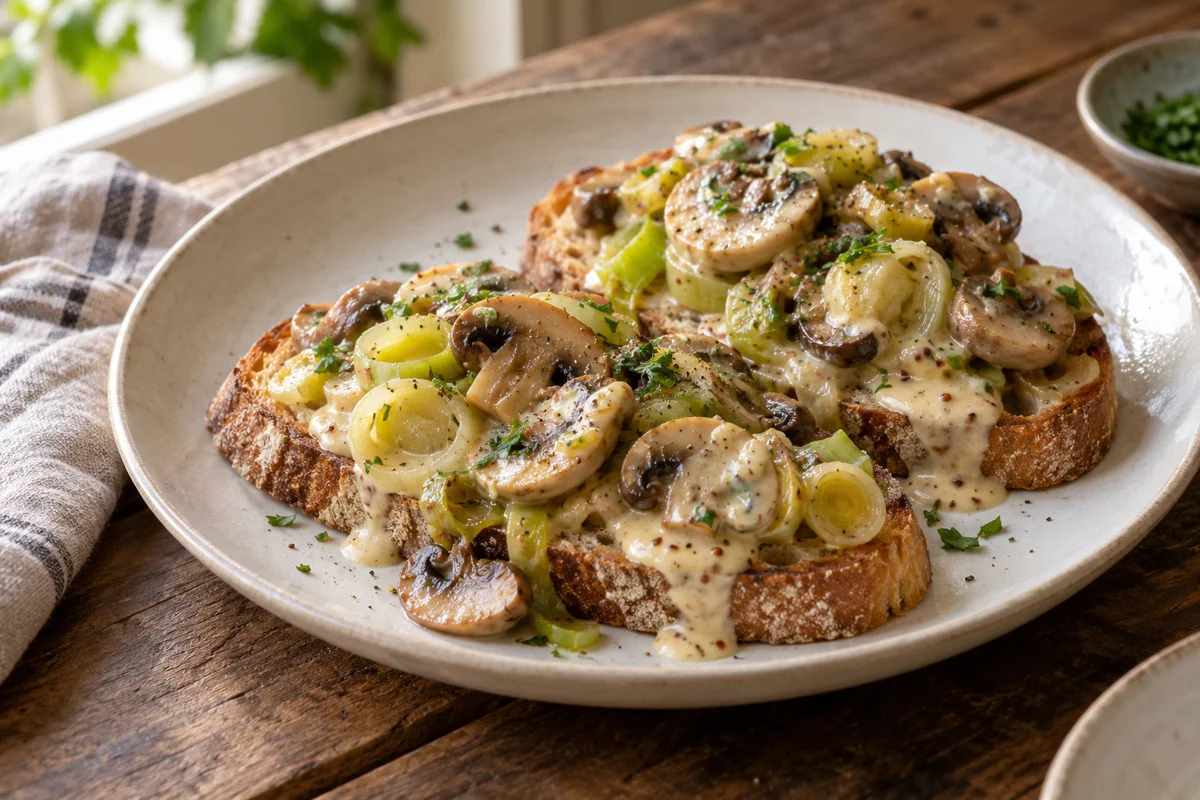 Bruschetta champignons, poireaux et moutarde