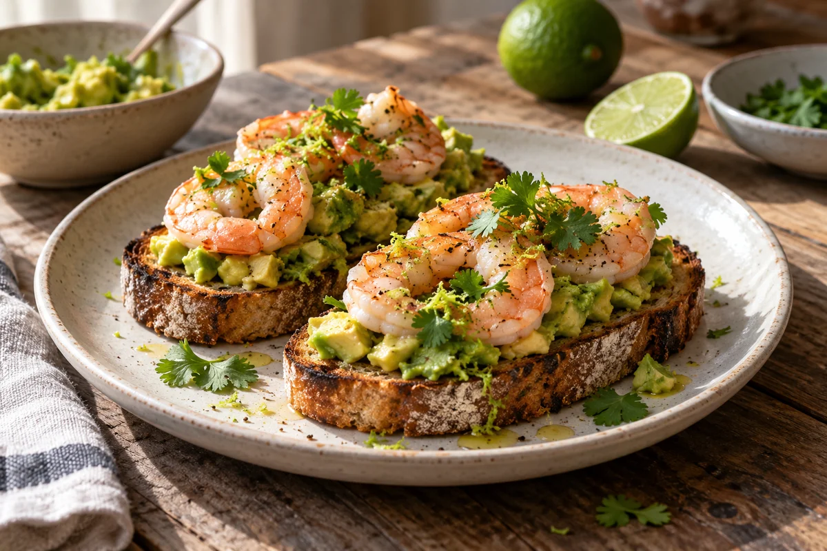 Bruschetta aux crevettes, avocat et citron vert