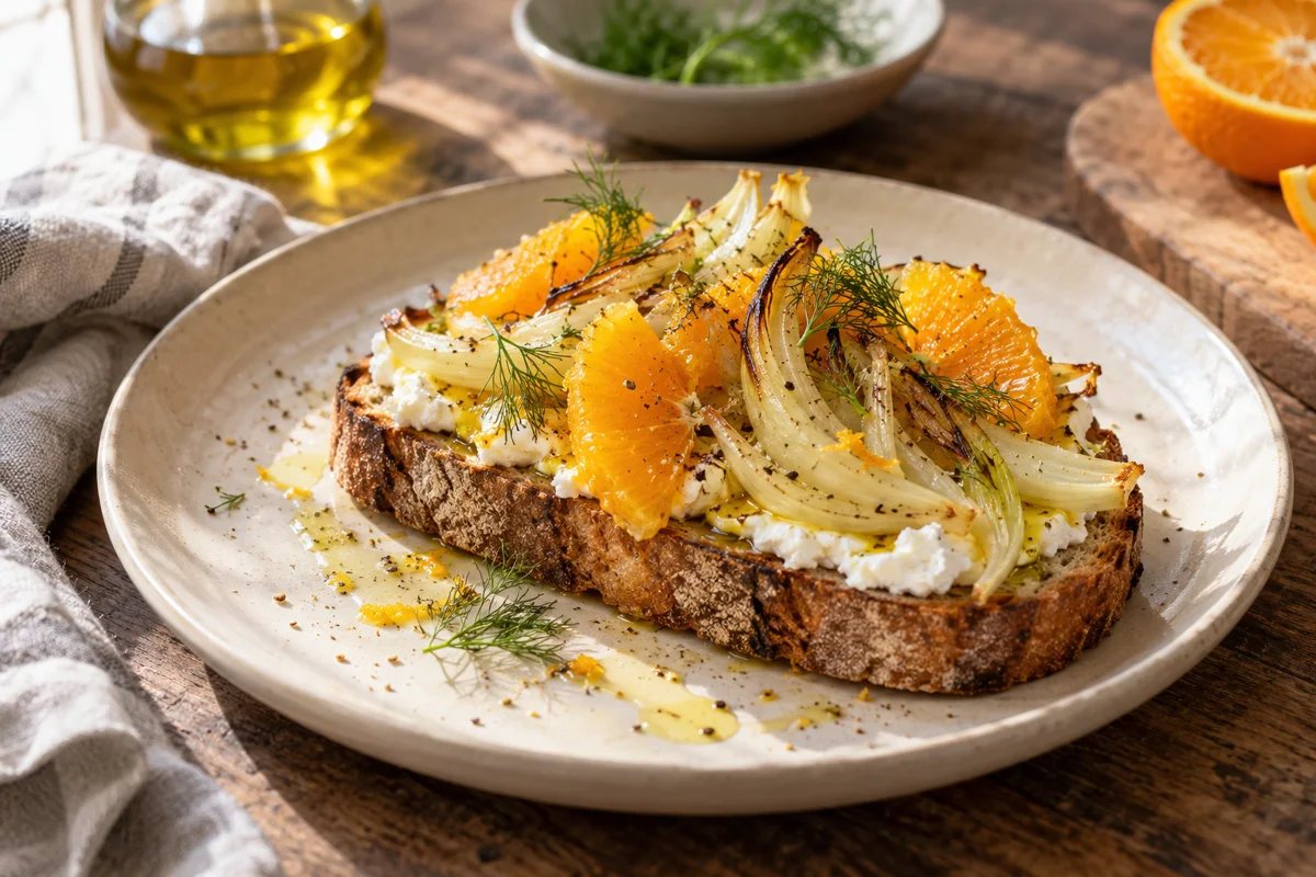 Bruschetta au fenouil rôti, orange et chèvre