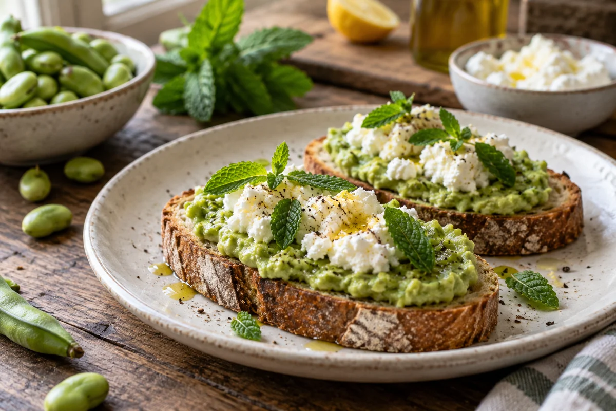 Bruschetta aux fèves, menthe et ricotta