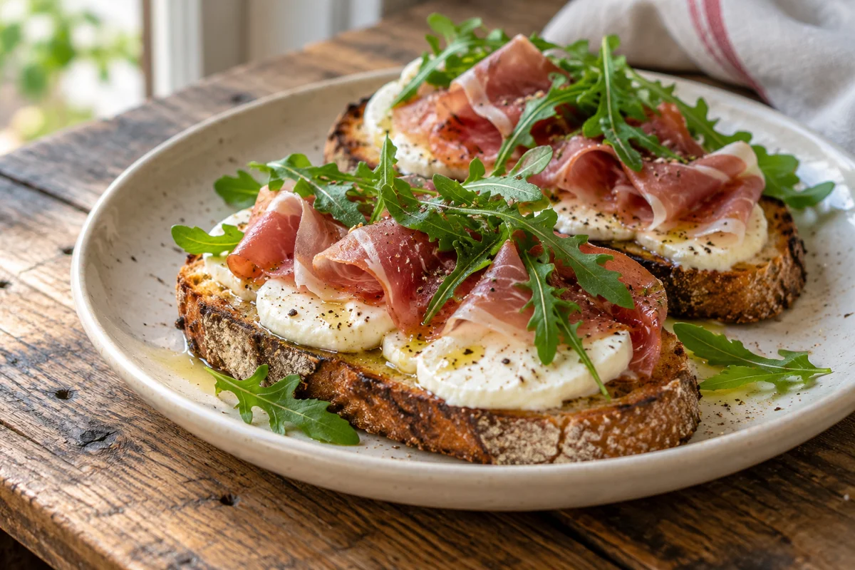 Bruschetta jambon cru, mozzarella et roquette