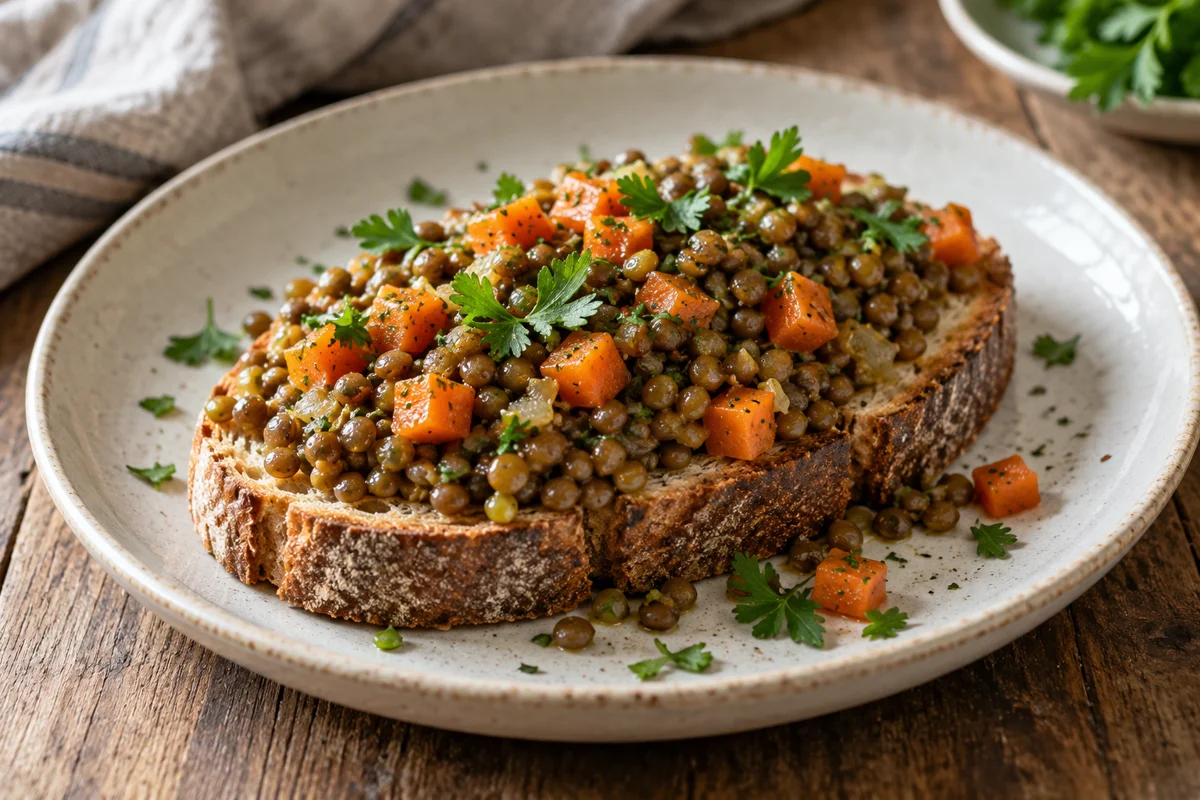 Bruschetta aux lentilles, carottes et cumin