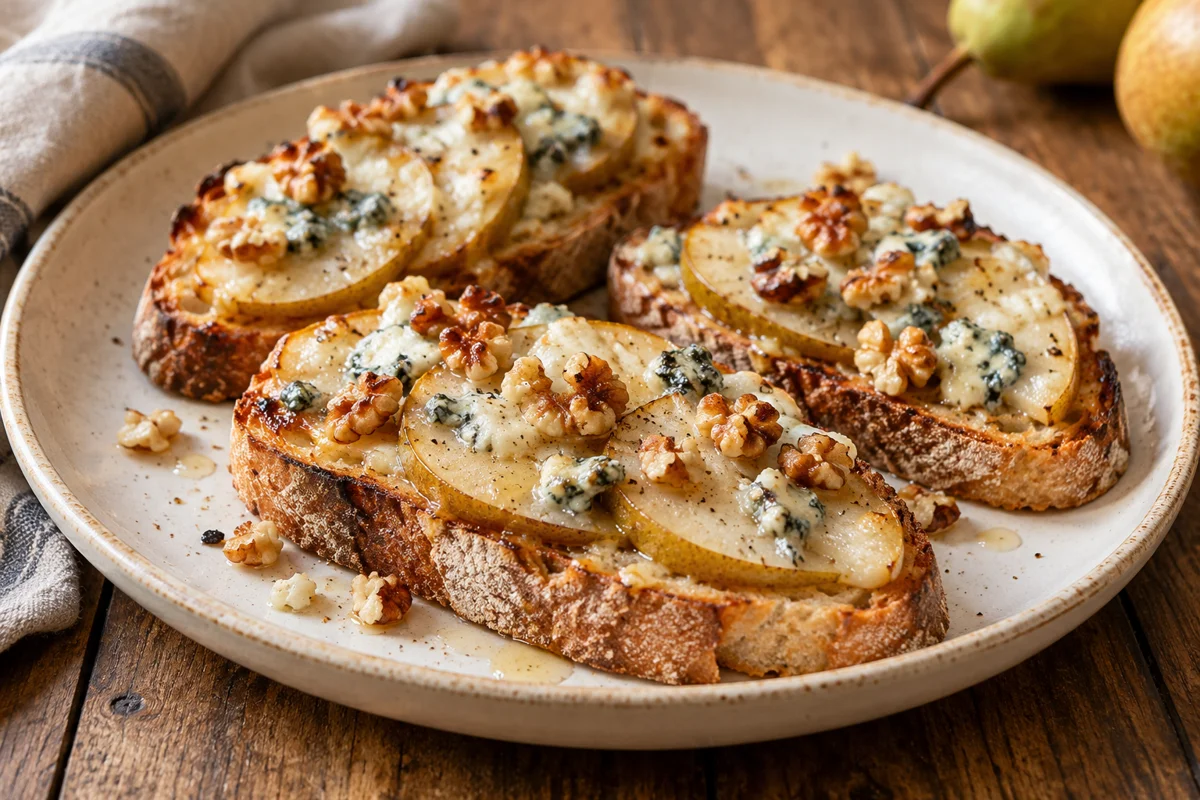 Bruschetta poire, bleu et noix
