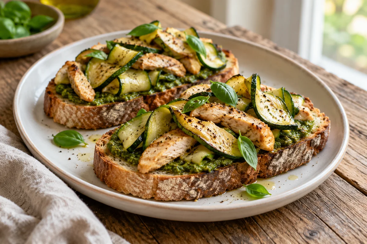 Bruschetta au poulet, pesto et courgette