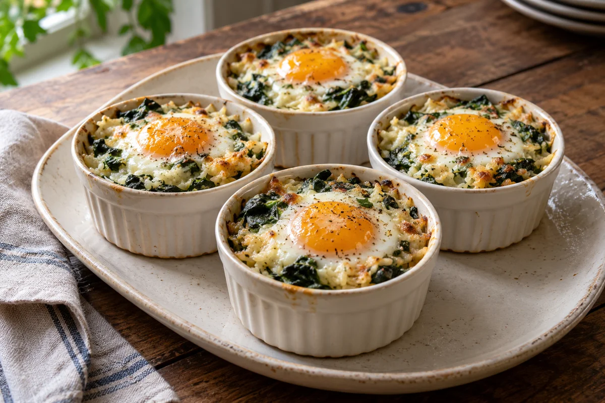 Œufs cocotte au riz et aux épinards