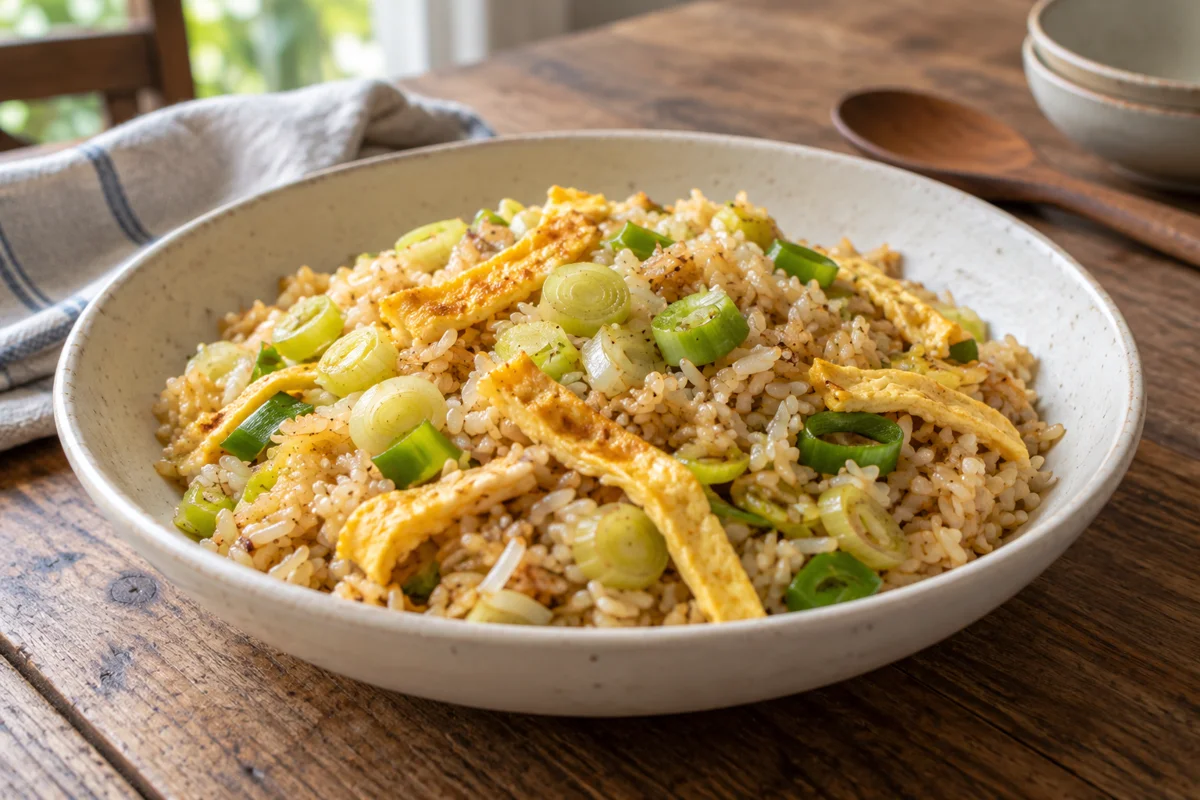 Riz sauté aux poireaux et à l’omelette