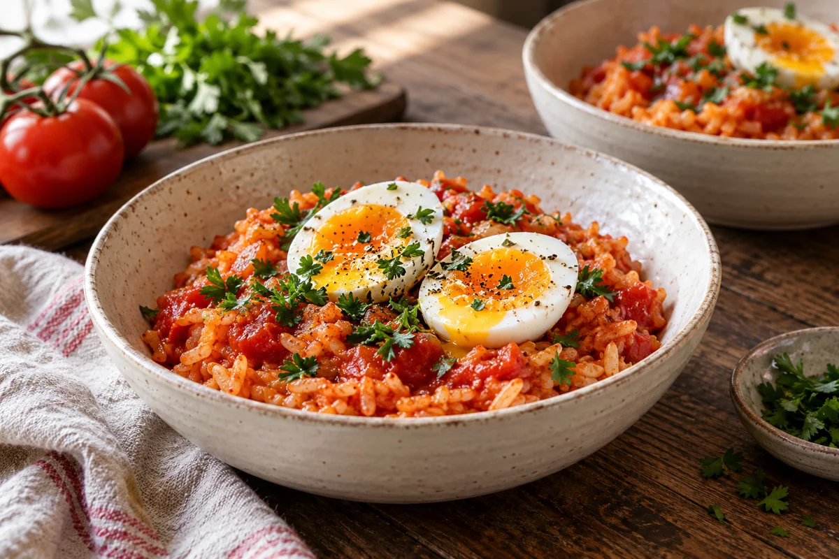 Riz à la tomate et œufs mollets