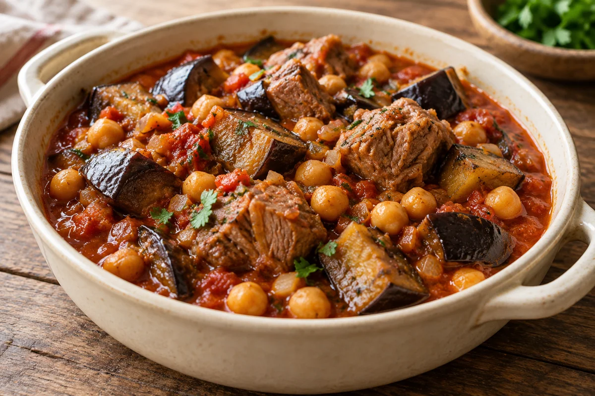 Tajine d’agneau aux aubergines et pois chiches
