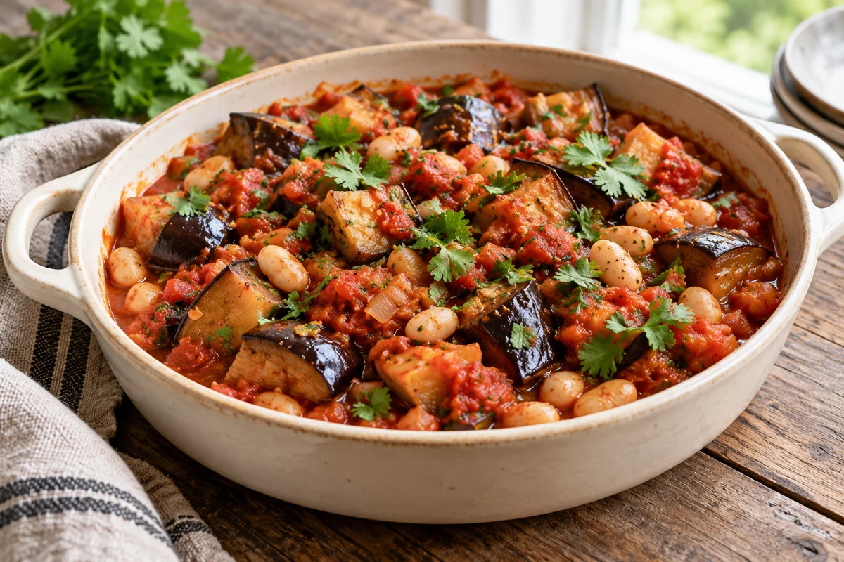Tajine d’aubergines aux haricots blancs