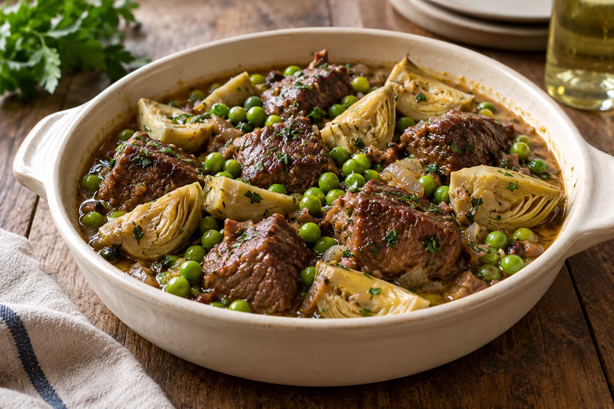 Tajine de bœuf aux petits pois et artichauts
