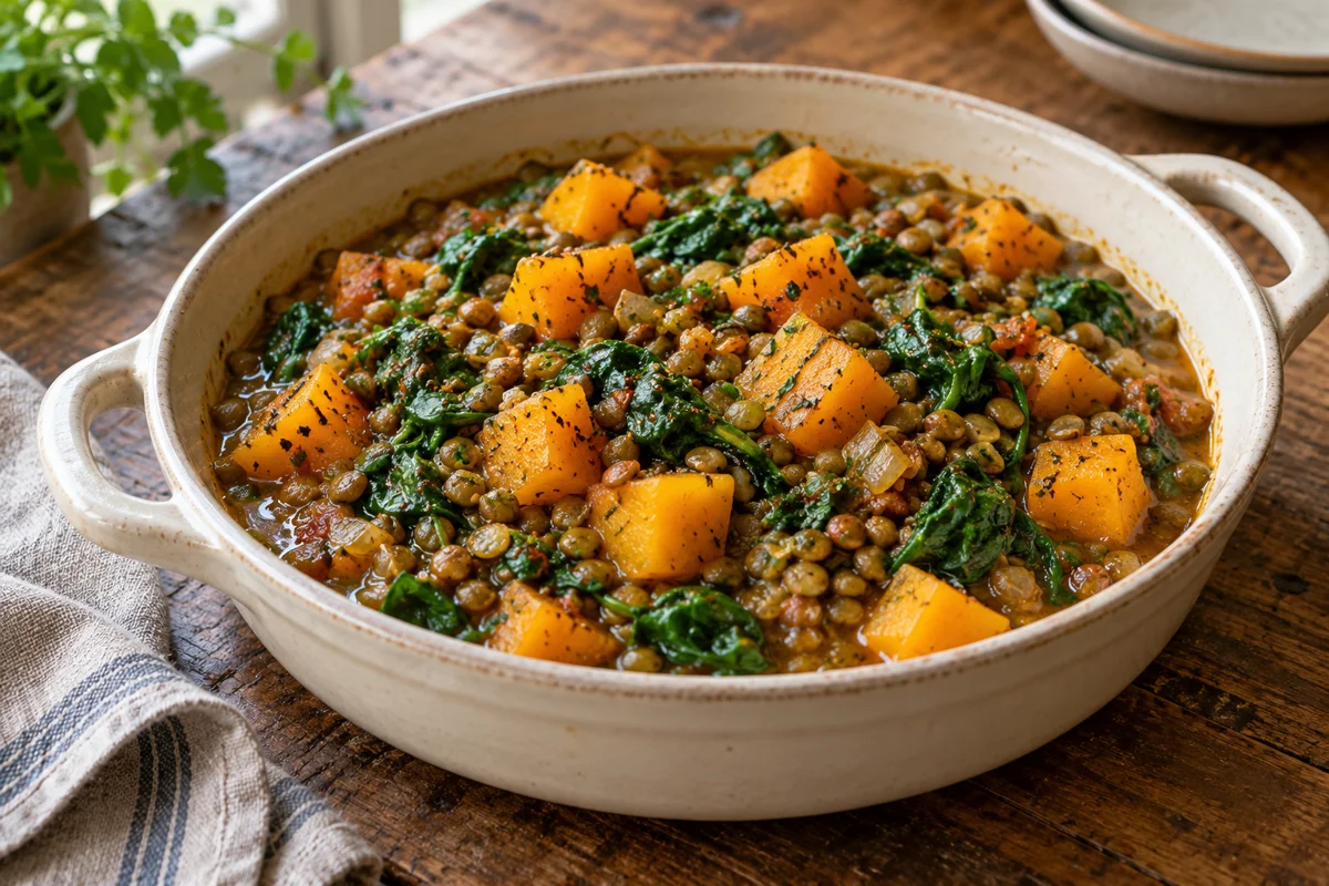 Tajine de lentilles, courge et épinards