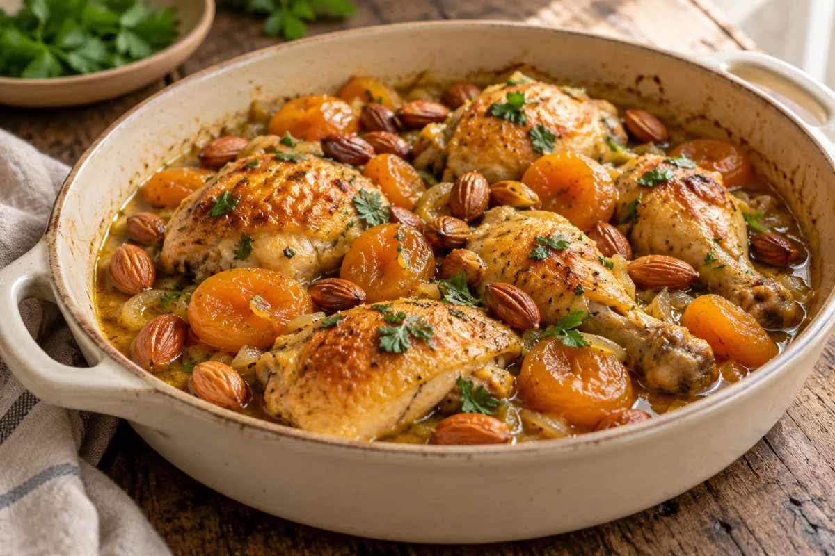 Tajine de poulet aux abricots et amandes