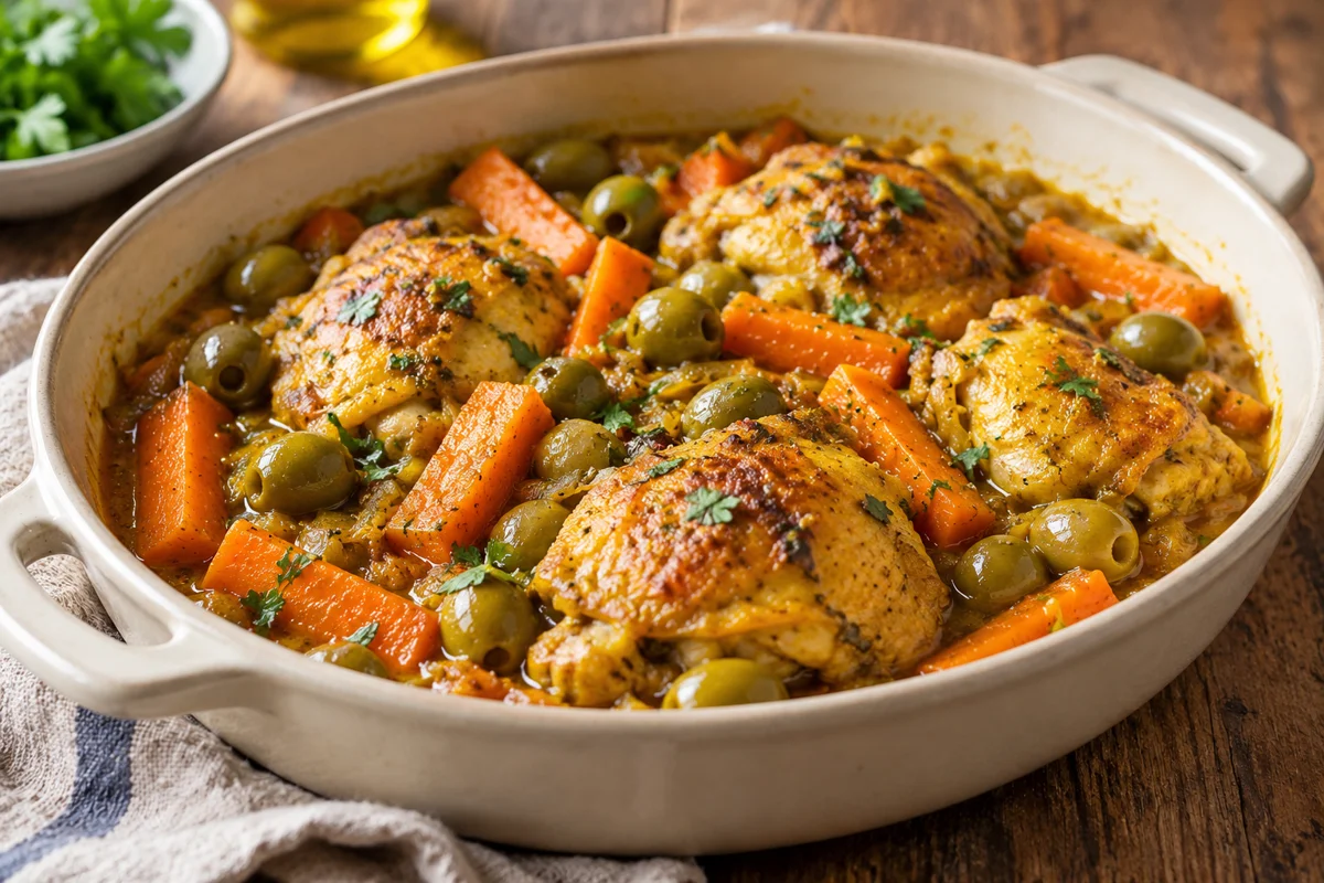 Tajine de poulet aux carottes et olives