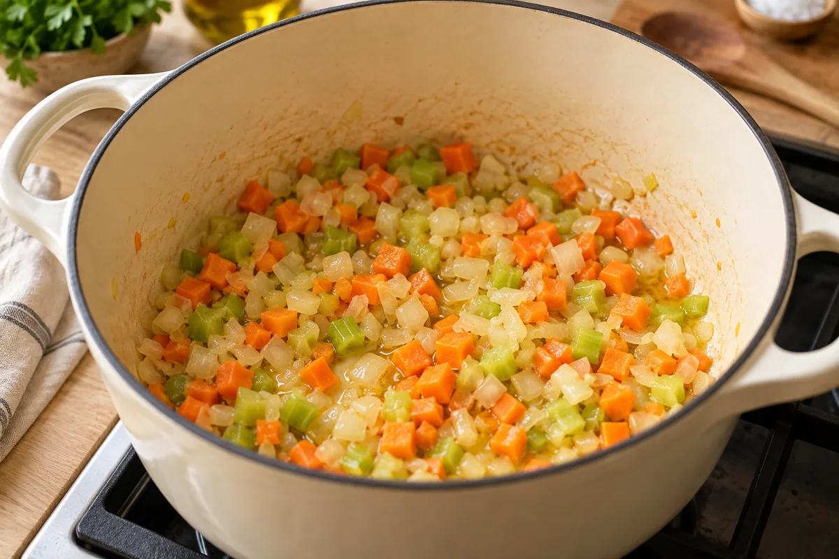 Faire suer doucement pour fasolada grecque aux haricots blancs