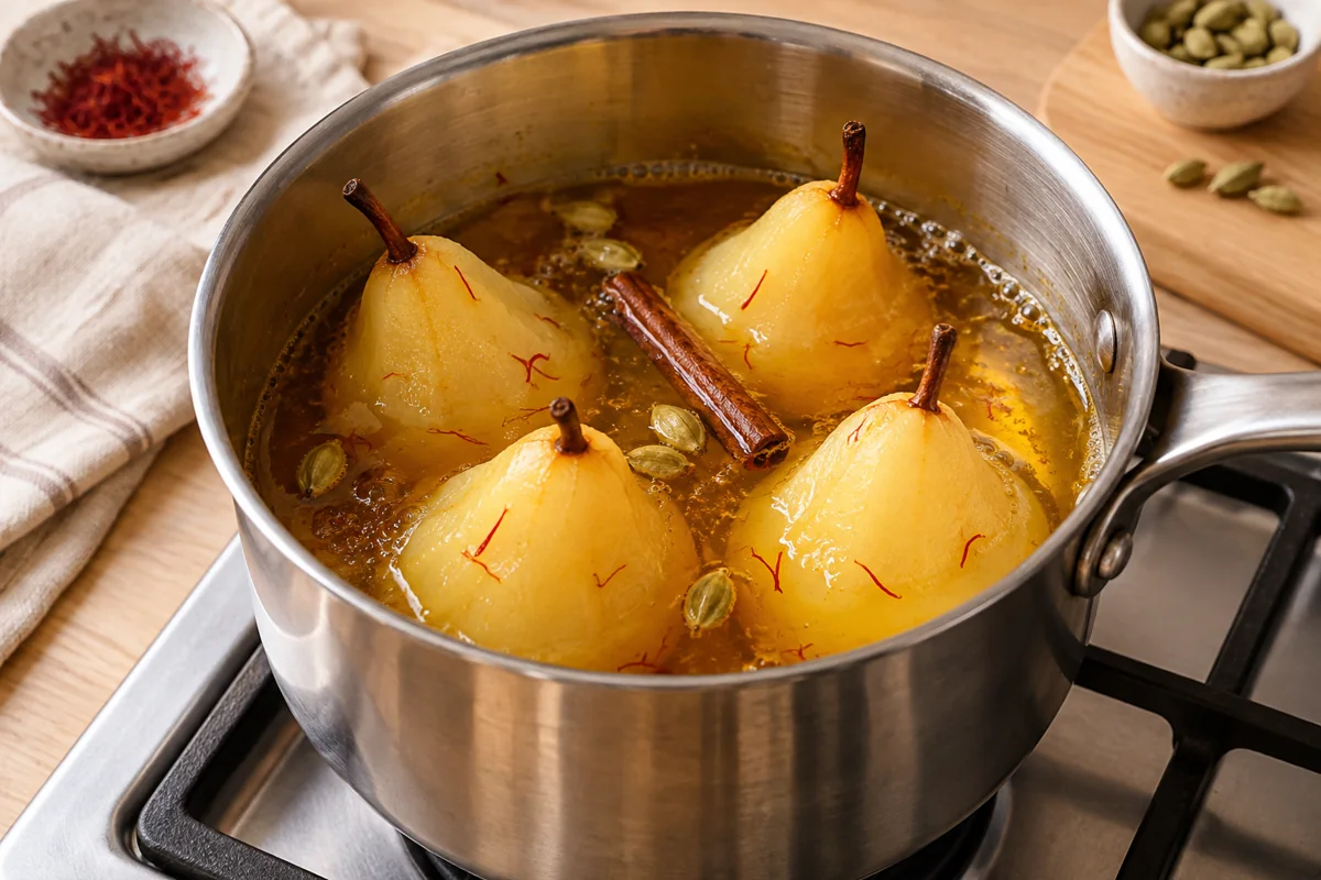 Immerger les fruits pour poires pochées au safran