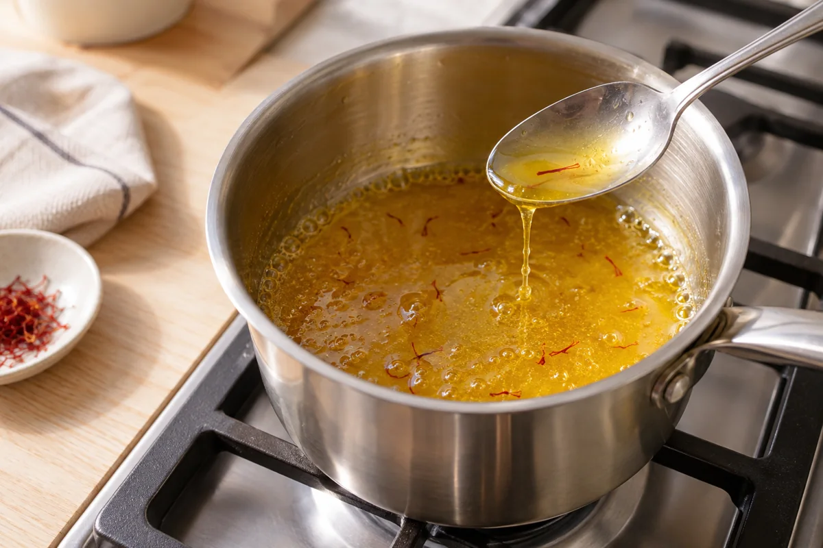 Réduire une petite quantité de sirop pour poires pochées au safran