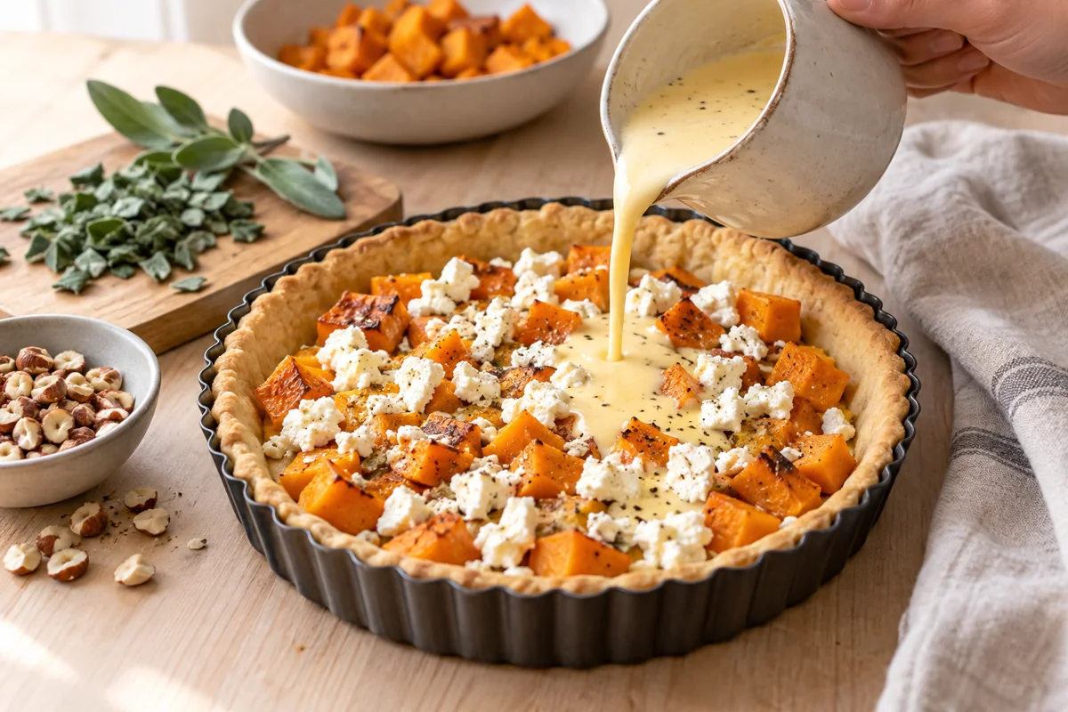 Garnir sans détremper pour quiche à la butternut, sauge et noisettes