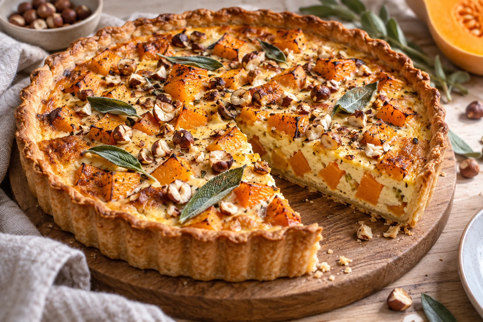 Quiche à la butternut, sauge et noisettes