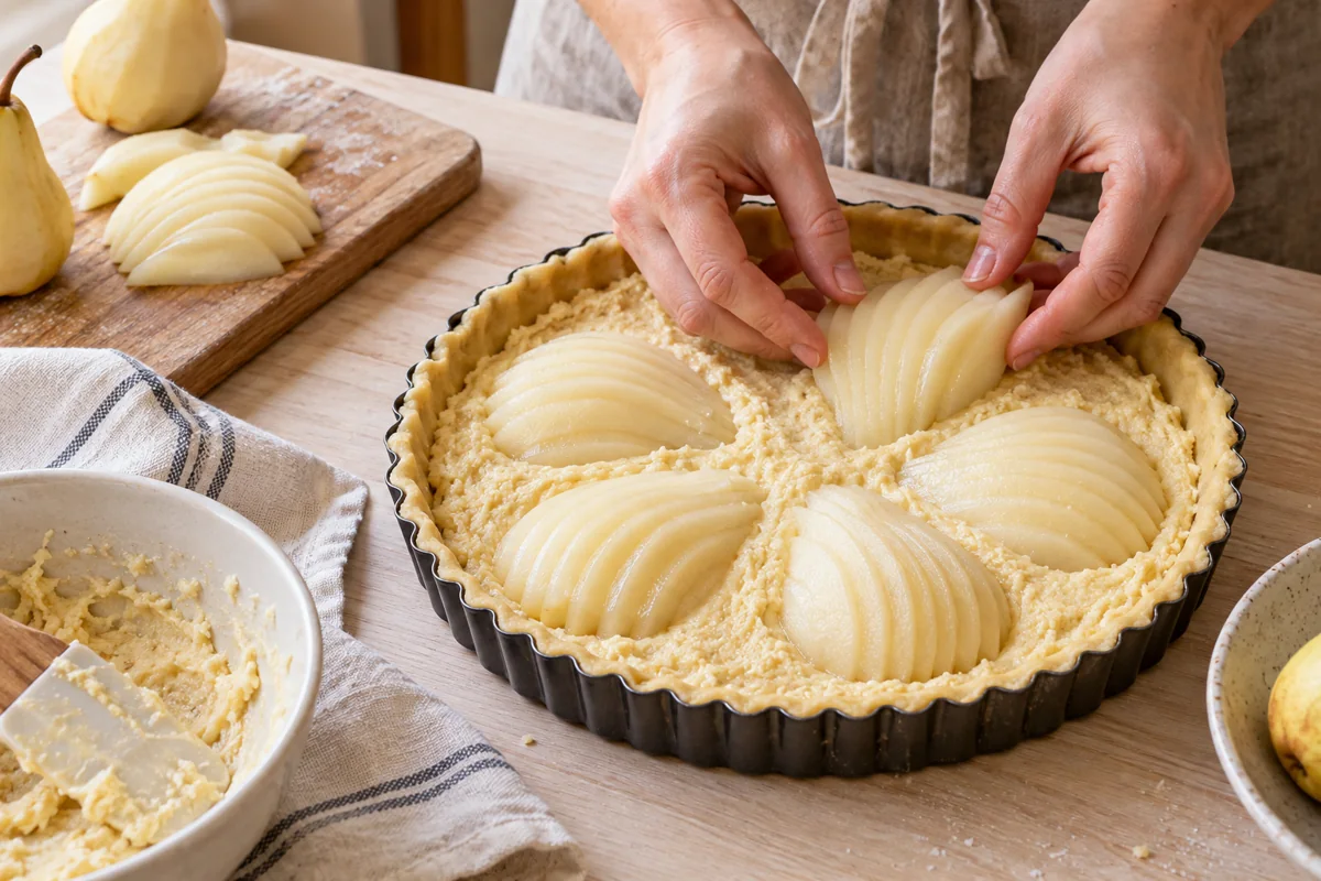 Disposer les fruits pour tarte aux poires et à la cardamome