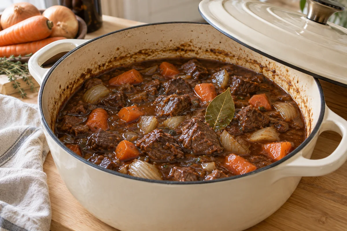 Mijoter jusqu’à tendreté pour tourte de bœuf à la bière et aux champignons
