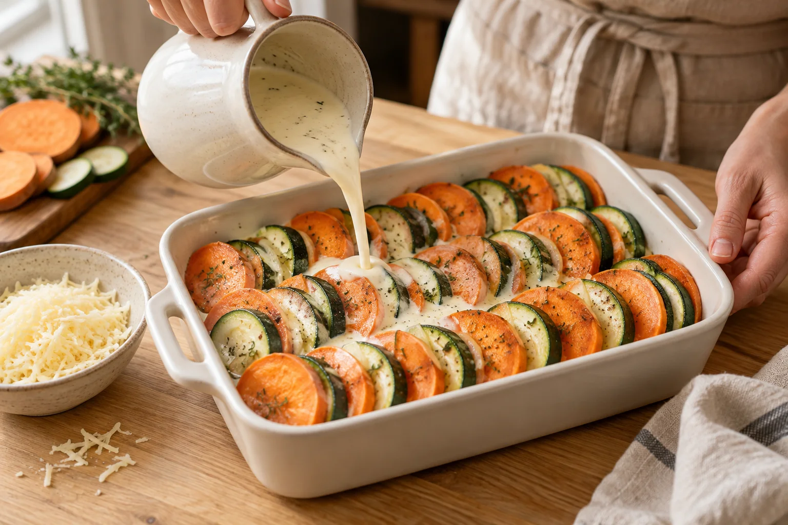 Assembler les couches — Gratin de courgettes et patate douce, illustration générée par IA