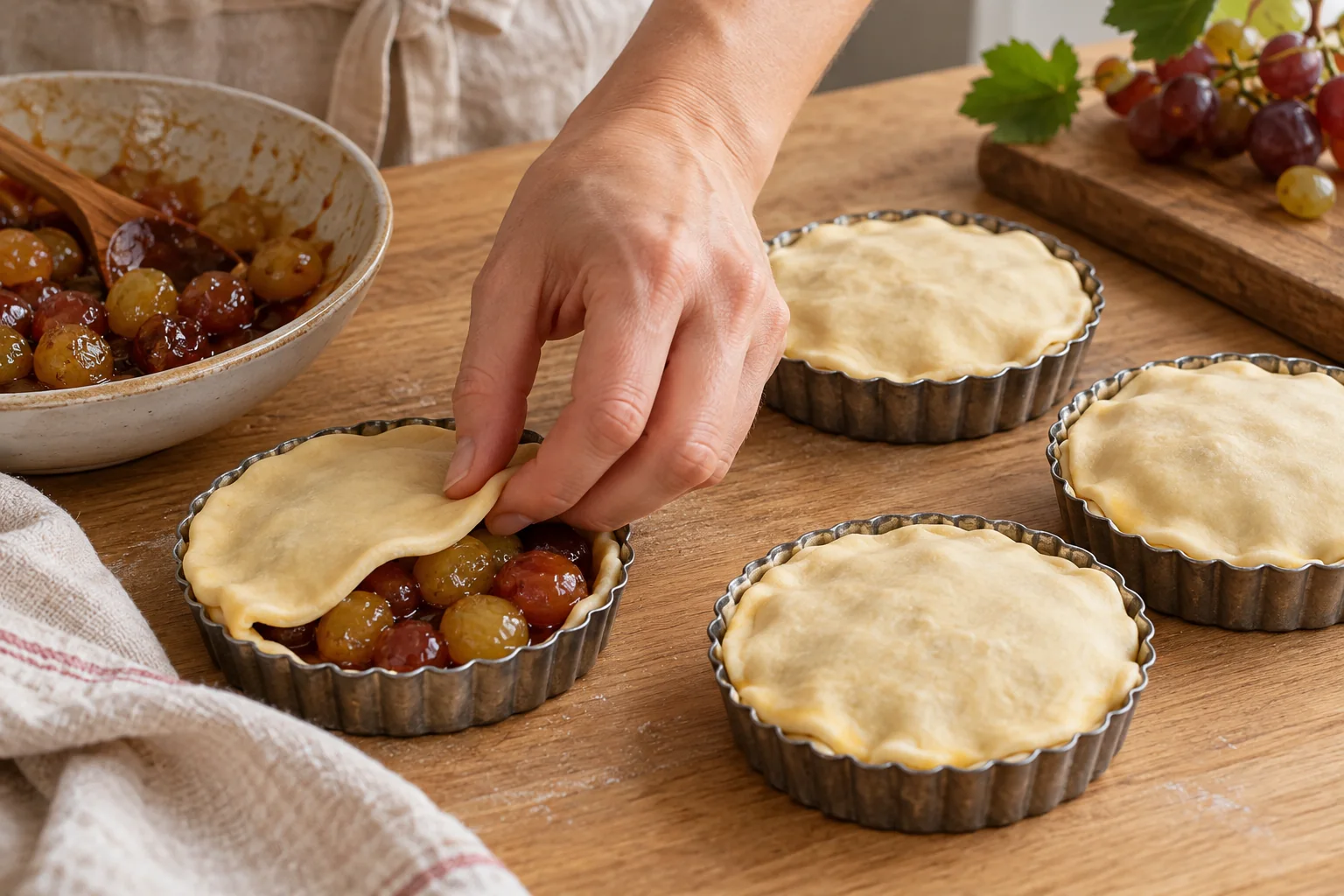 Fermer avec la pâte — Mini tatins aux deux raisins, illustration générée par IA
