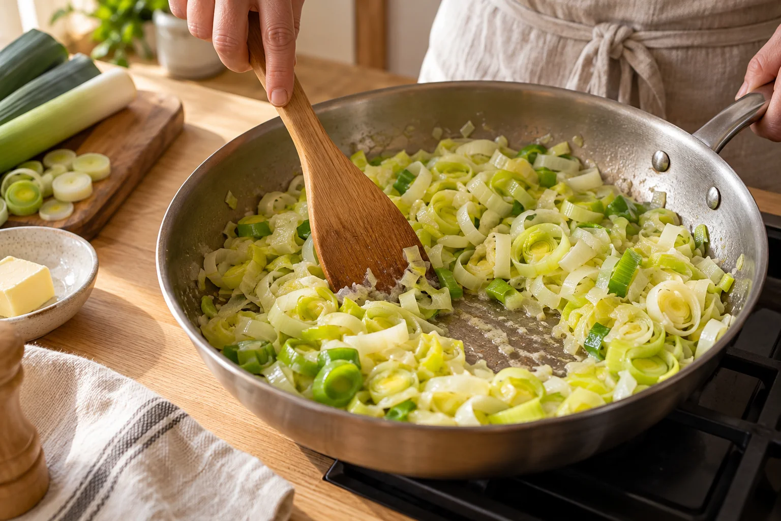 Faire fondre les poireaux — Quiche aux poireaux fondants, illustration générée par IA
