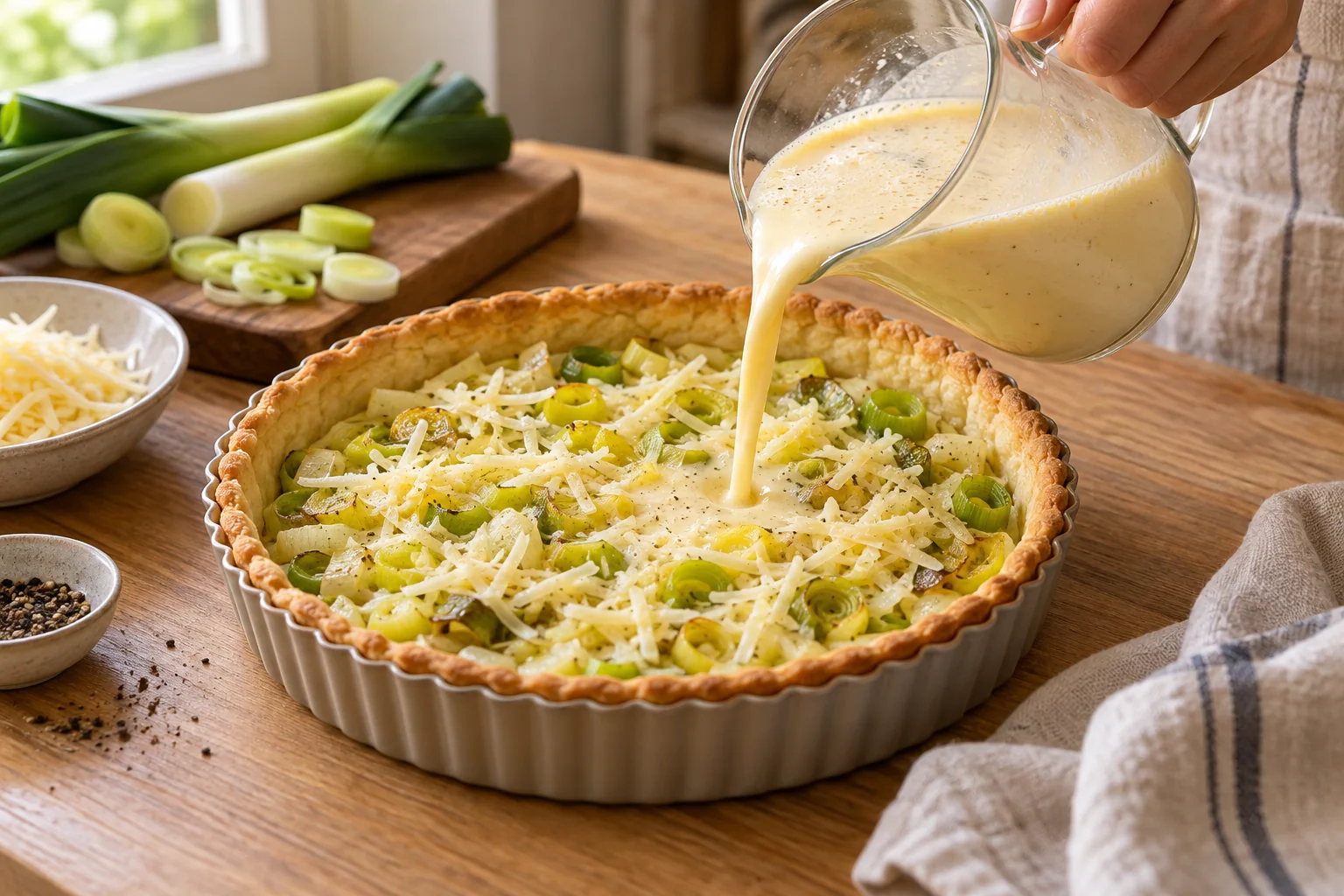 Préparer et verser l’appareil — Quiche aux poireaux fondants, illustration générée par IA