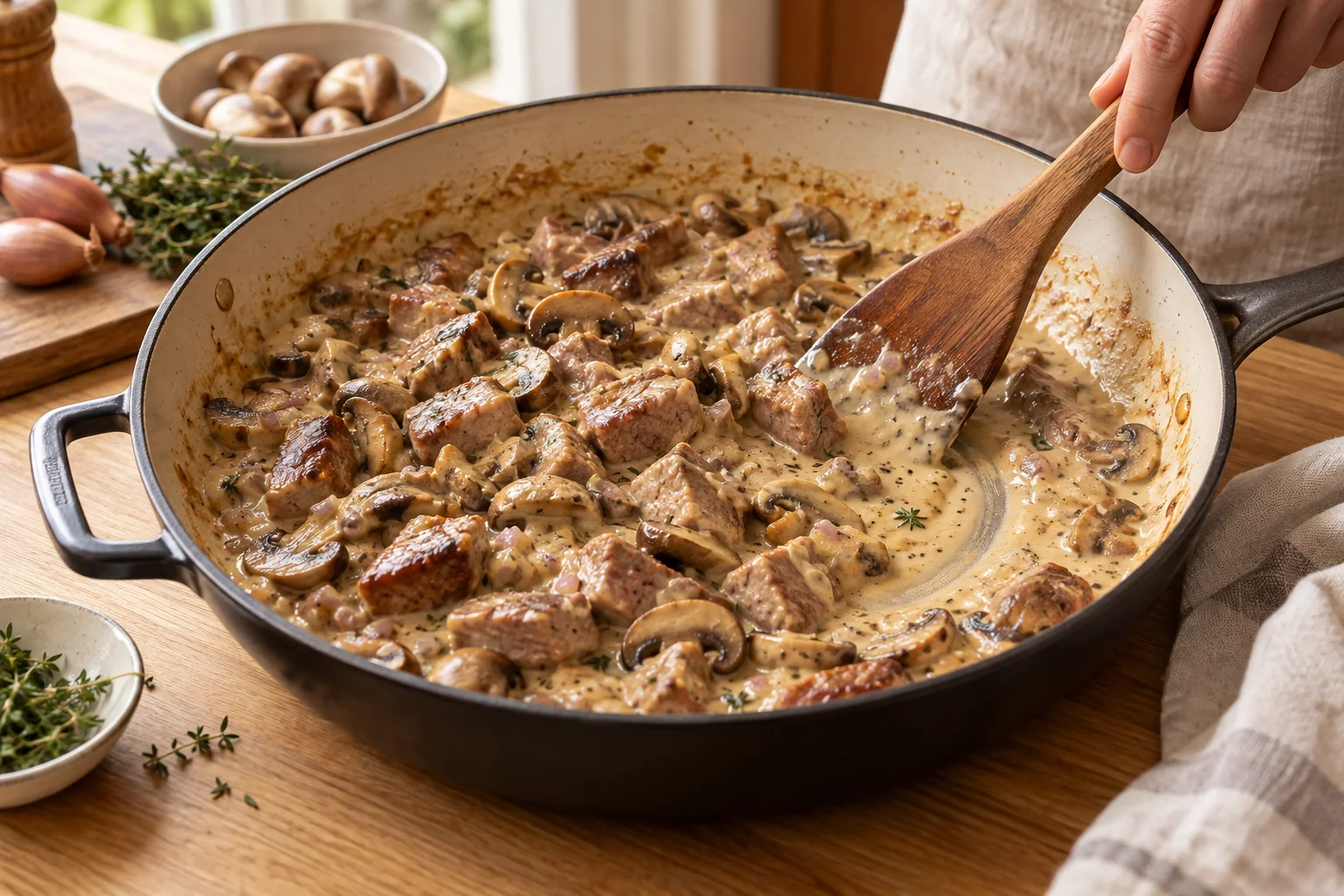 Lier et cuire la garniture — Tourte au magret de canard, champignons et armagnac, illustration générée par IA