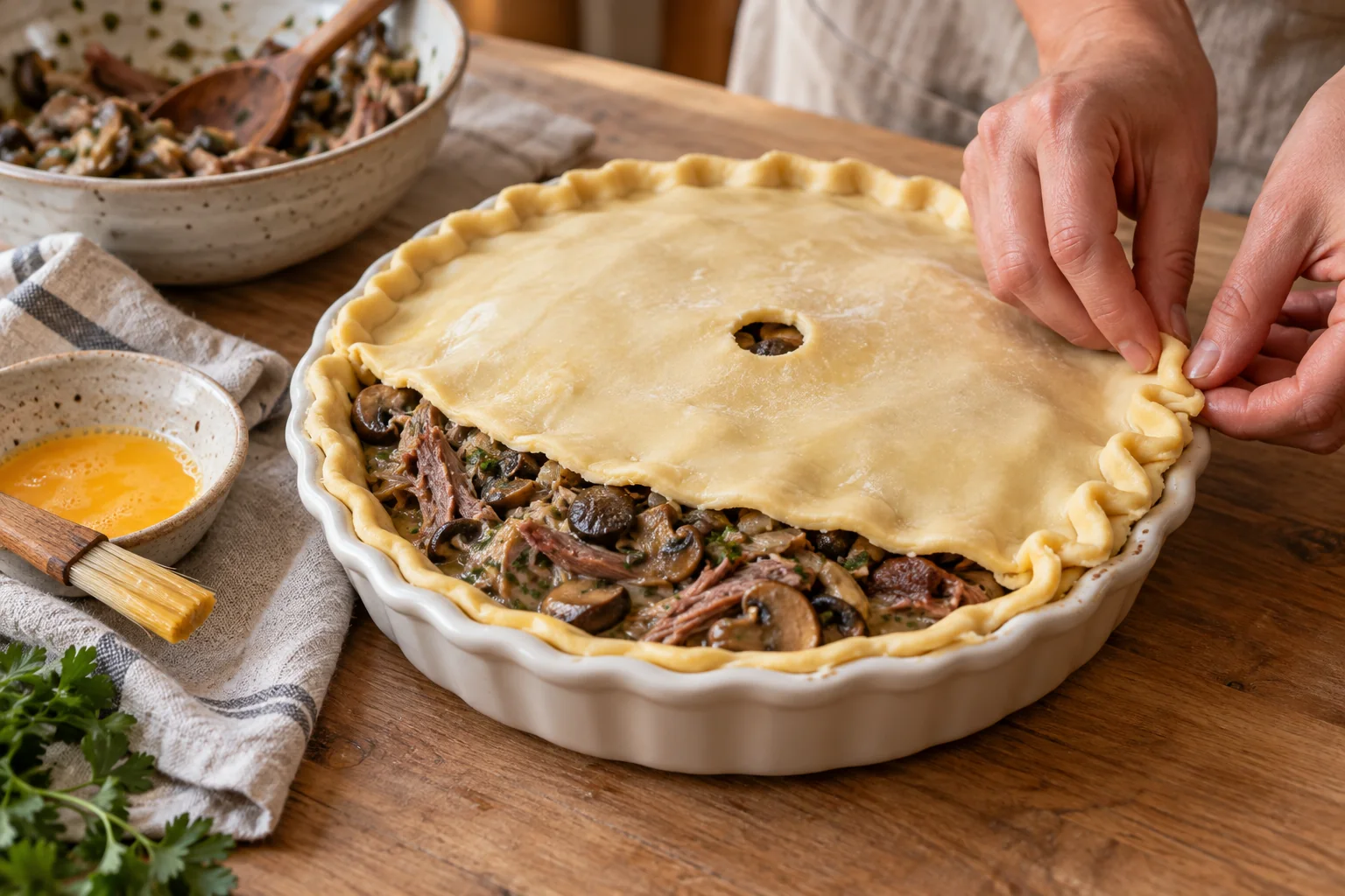 Fermer la tourte — Tourte au magret de canard, champignons et armagnac, illustration générée par IA