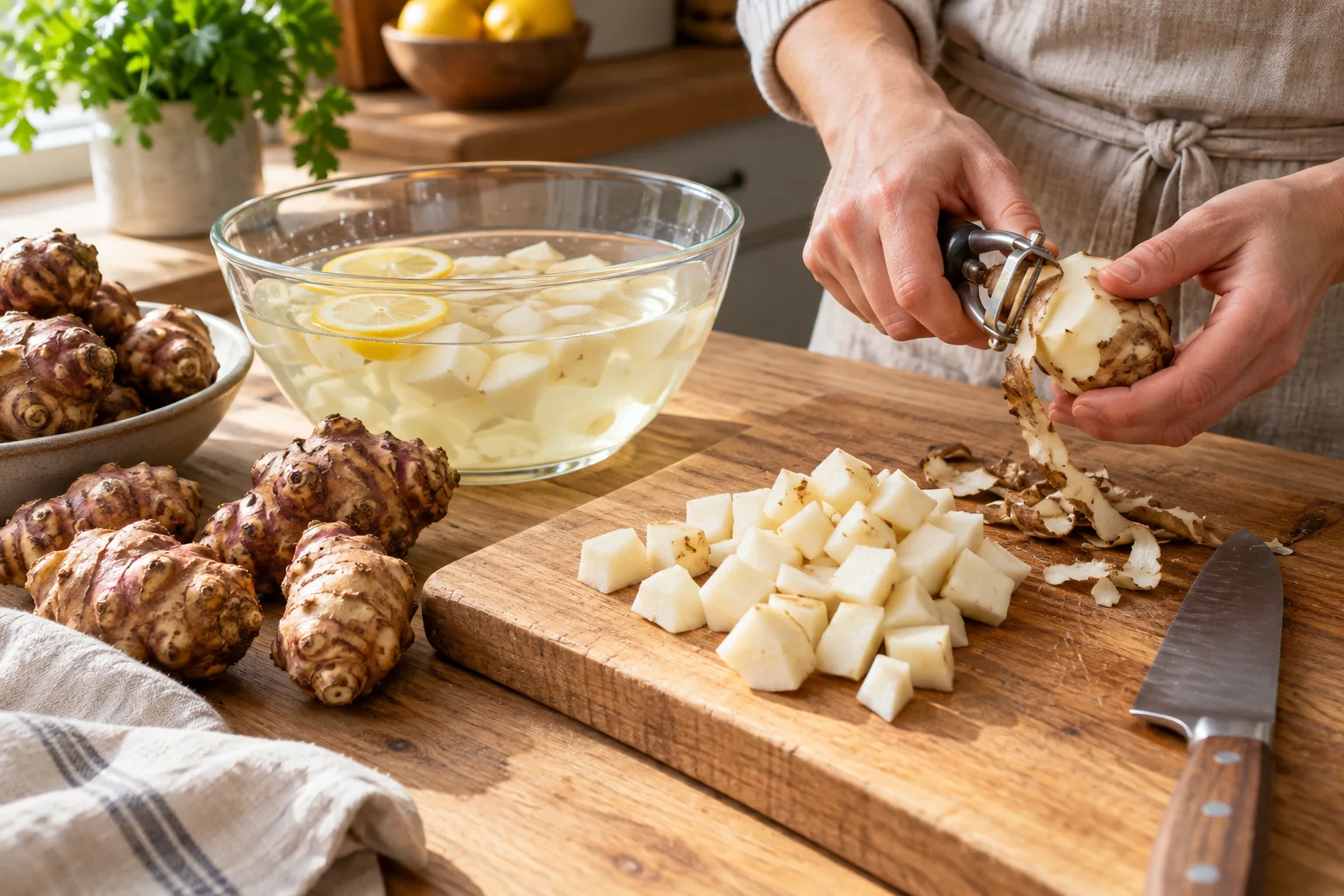 Éplucher sans laisser noircir — Velouté de topinambours et feuilletés au parmesan, illustration générée par IA
