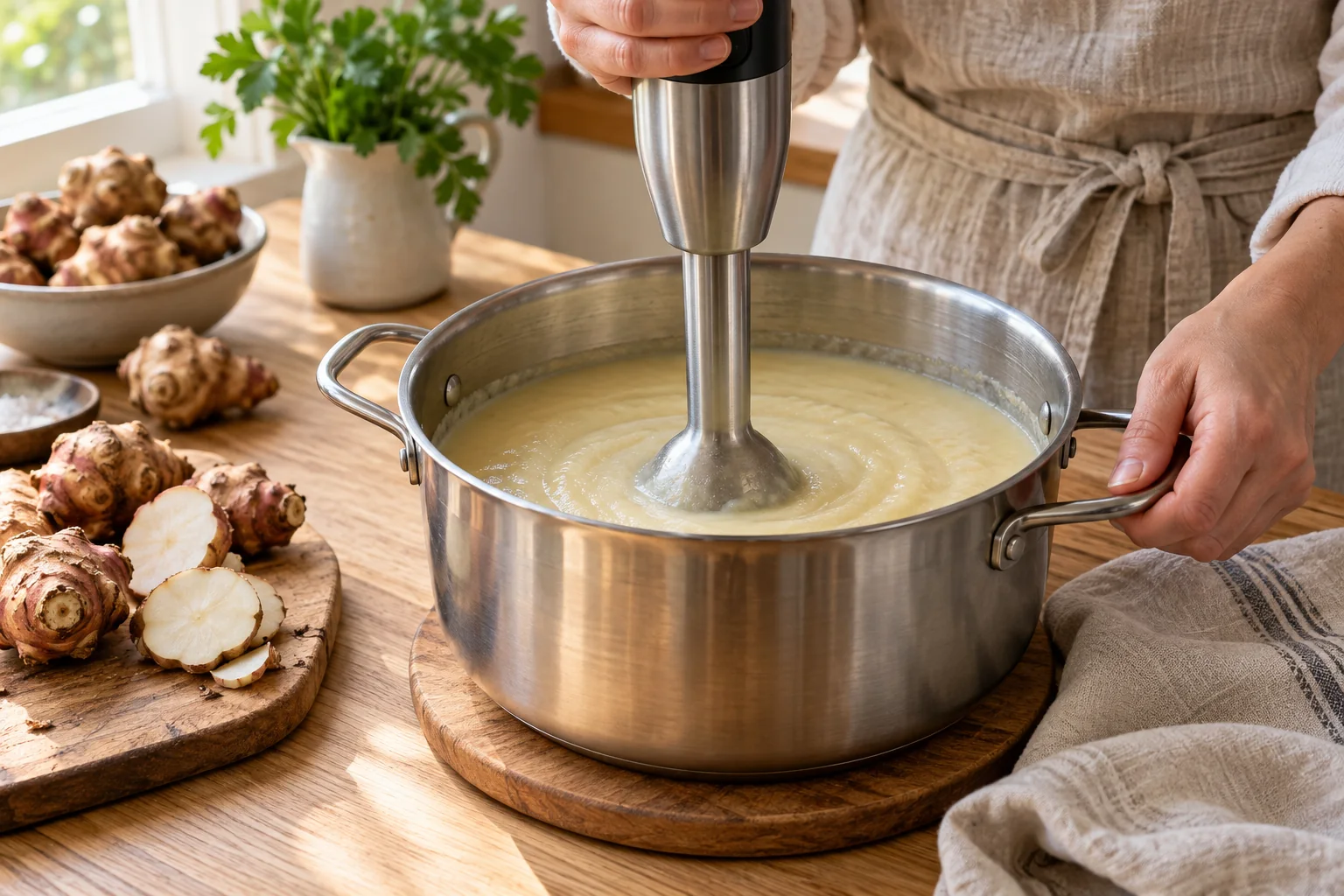 Mixer hors du feu — Velouté de topinambours et feuilletés au parmesan, illustration générée par IA