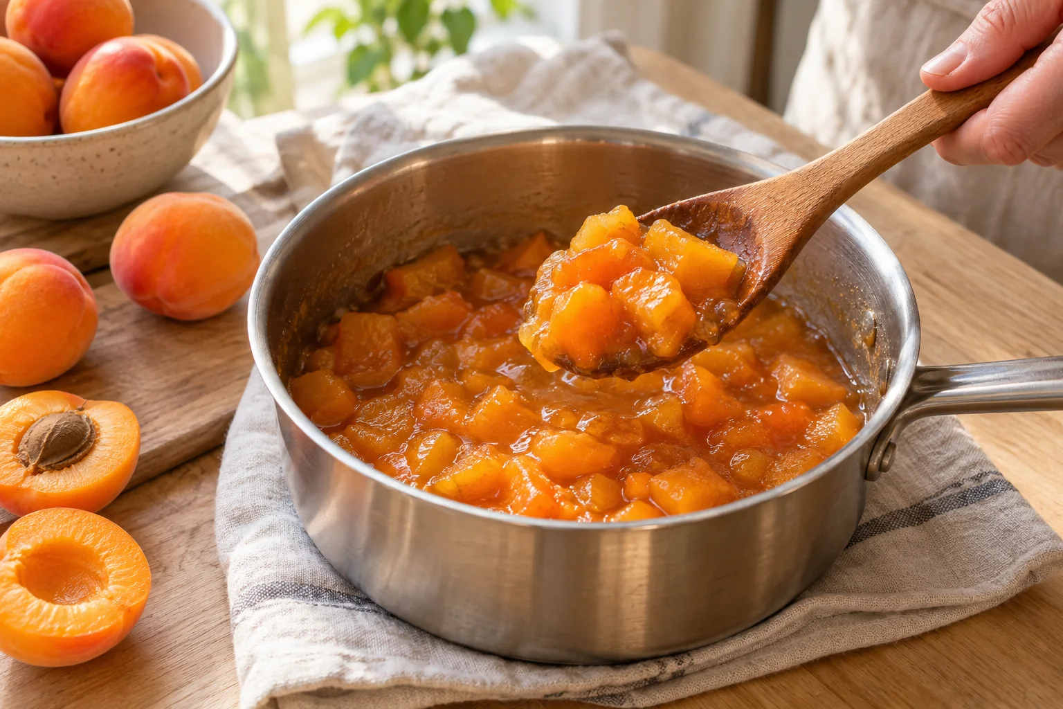 Compoter sans réduire en purée — Verrines d’abricots aux amandes façon trifle, illustration générée par IA
