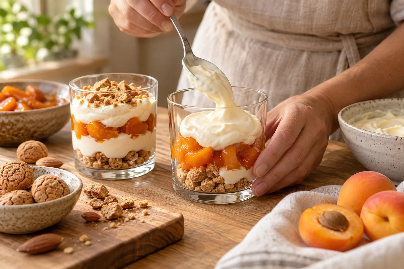 Monter les étages — Verrines d’abricots aux amandes façon trifle, illustration générée par IA