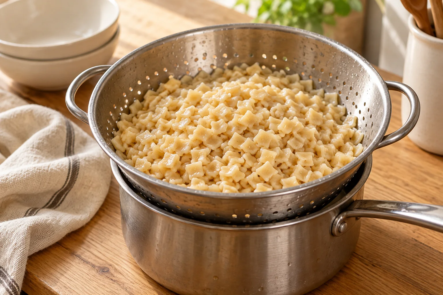 Cuire et égoutter les crozets — Gratin de crozets aux oignons et à l’emmental, illustration générée par IA