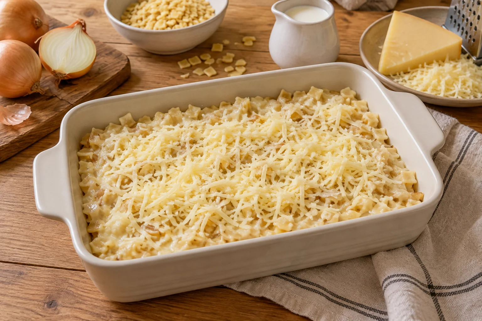 Garnir et couvrir de fromage — Gratin de crozets aux oignons et à l’emmental, illustration générée par IA