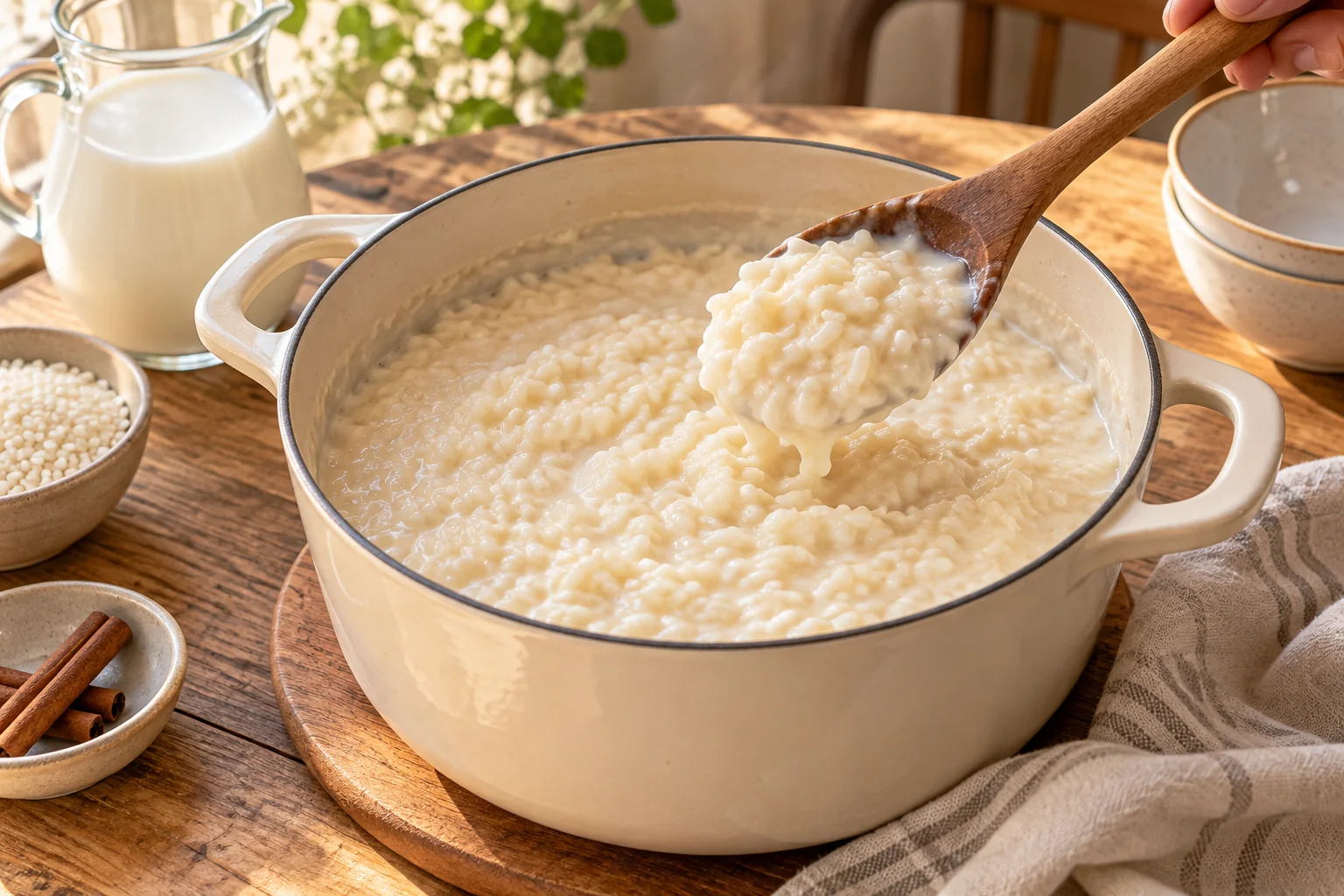 Cuire le riz doucement — Riz au lait aux pommes et aux mûres, illustration générée par IA