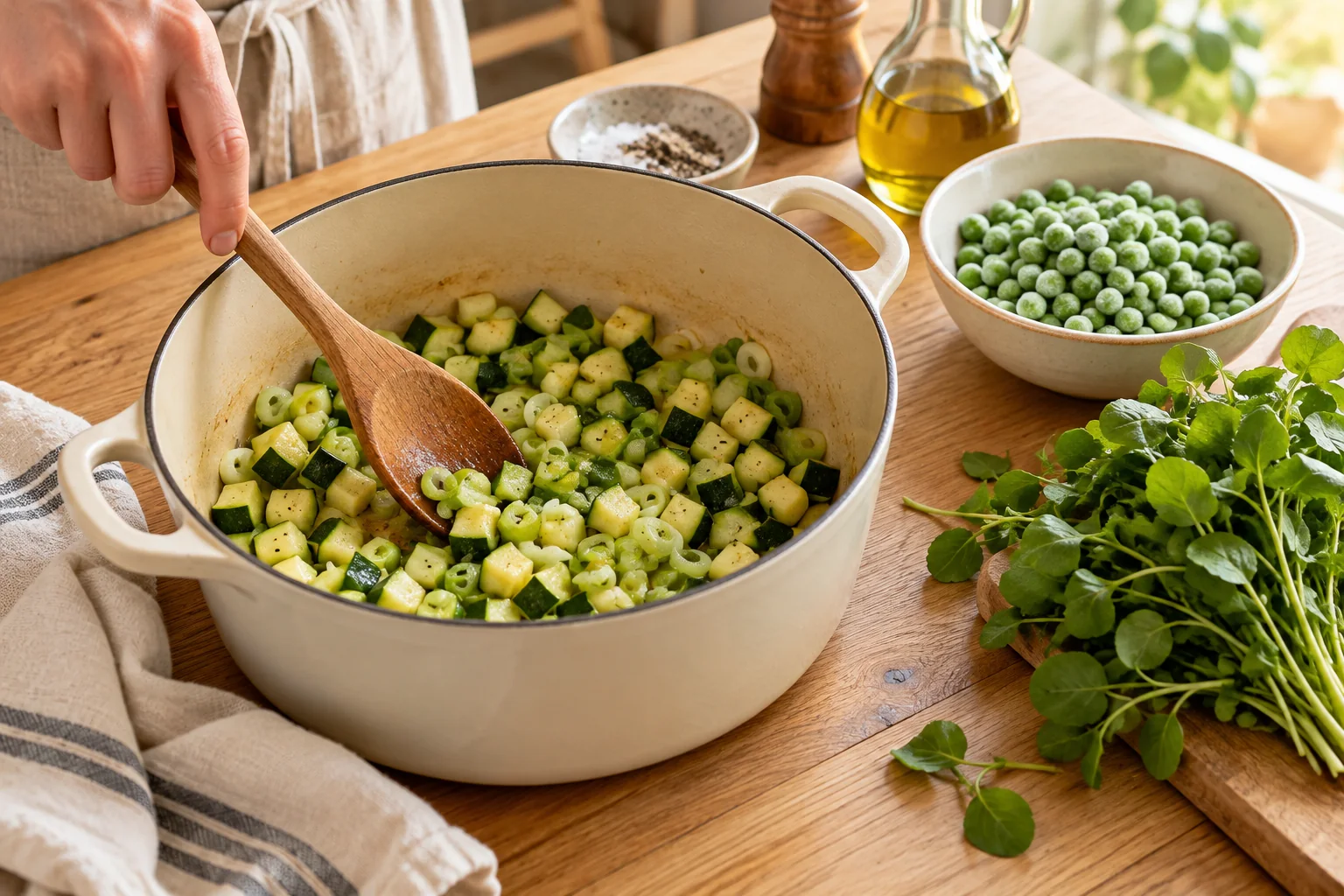 Faire revenir la base — Soupe verte aux courgettes, petits pois et cresson, illustration générée par IA