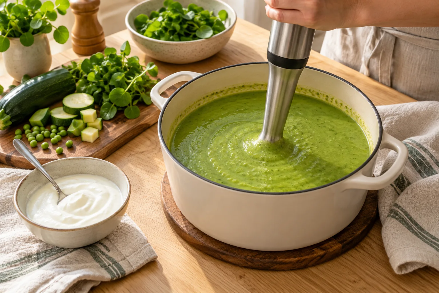 Mixer hors du feu — Soupe verte aux courgettes, petits pois et cresson, illustration générée par IA