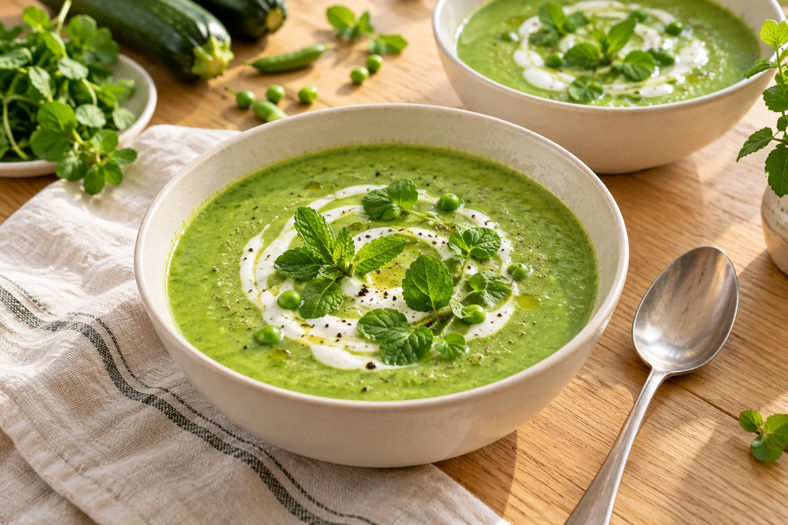 Soupe verte aux courgettes, petits pois et cresson