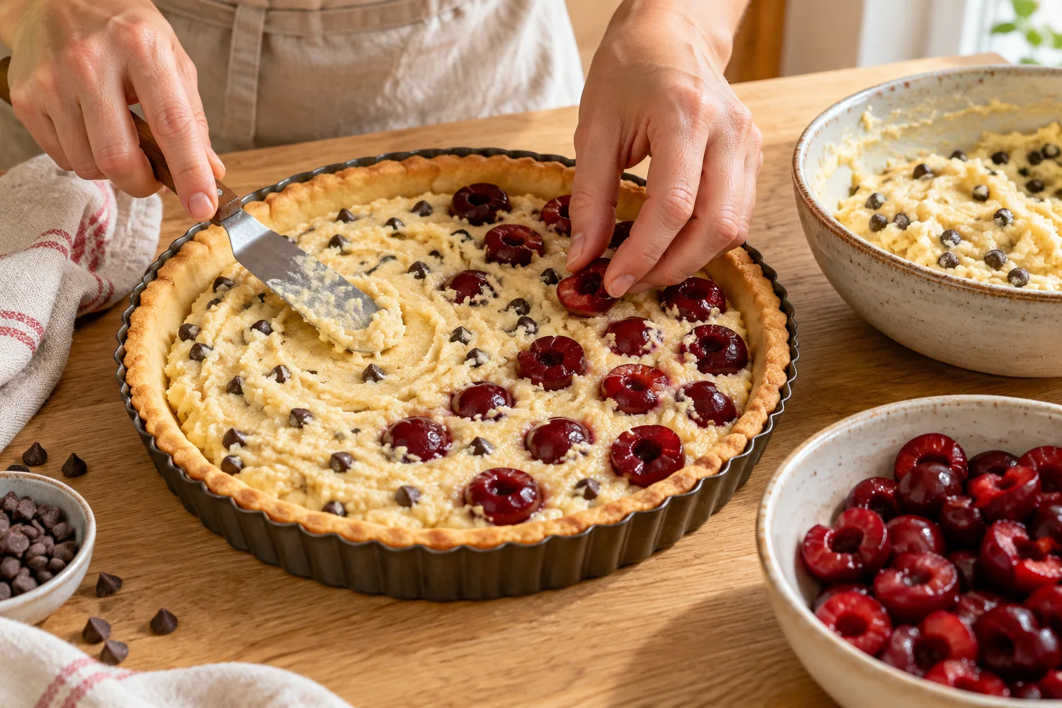 Garnir régulièrement — Tarte amandine aux cerises et chocolat, illustration générée par IA