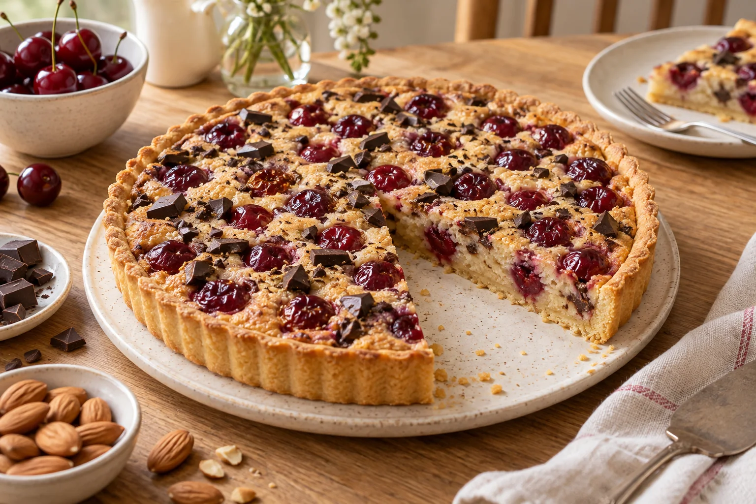 Tarte amandine aux cerises et chocolat