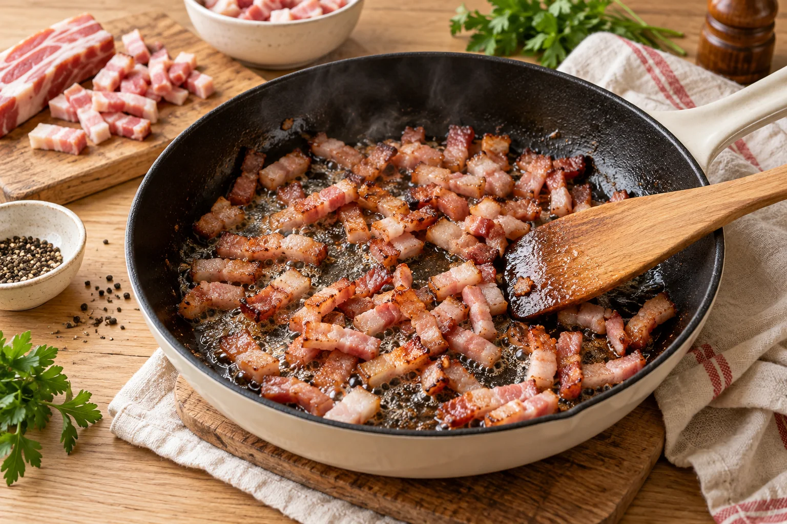 Dorer les lardons — Tarte au camembert et aux lardons, illustration générée par IA