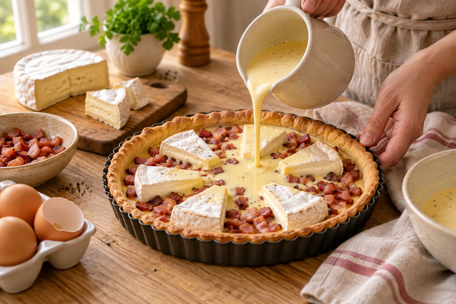 Répartir sans déborder — Tarte au camembert et aux lardons, illustration générée par IA