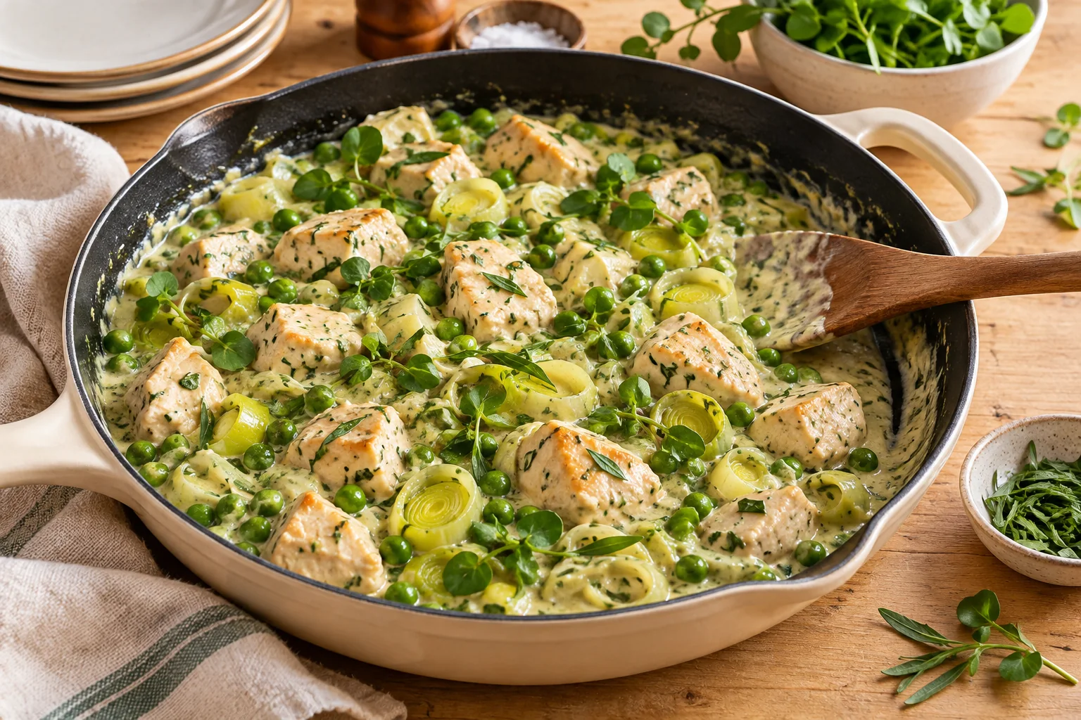 Épaissir et cuire à cœur — Tourte au poulet, à l’estragon et aux petits pois, illustration générée par IA