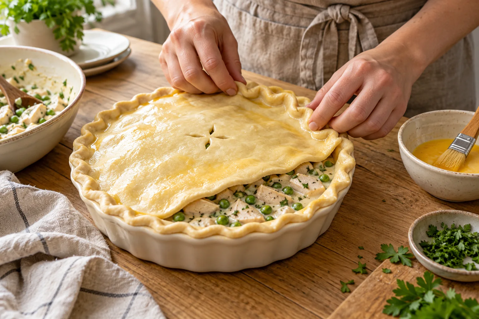 Fermer la tourte — Tourte au poulet, à l’estragon et aux petits pois, illustration générée par IA