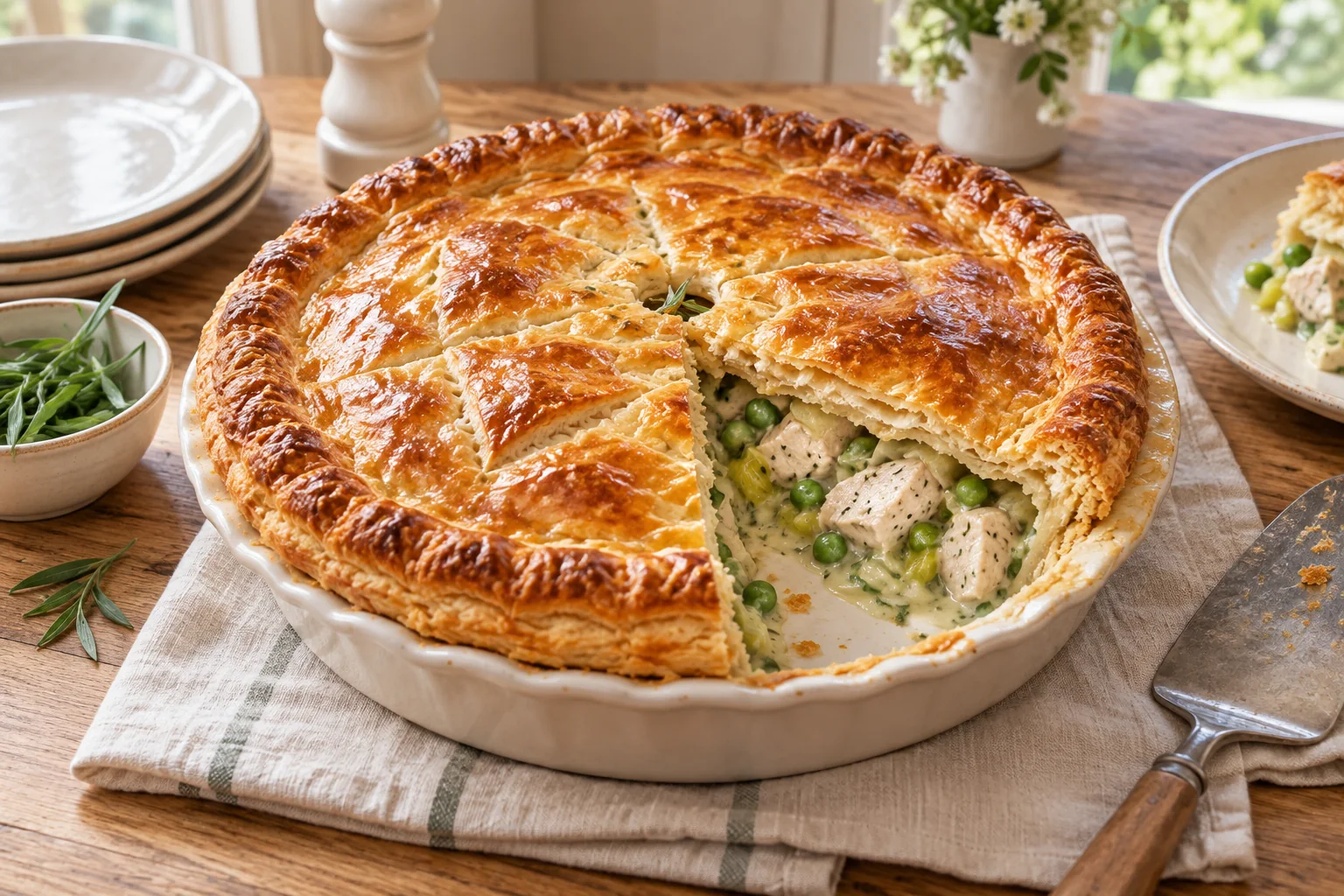 Tourte au poulet, à l’estragon et aux petits pois